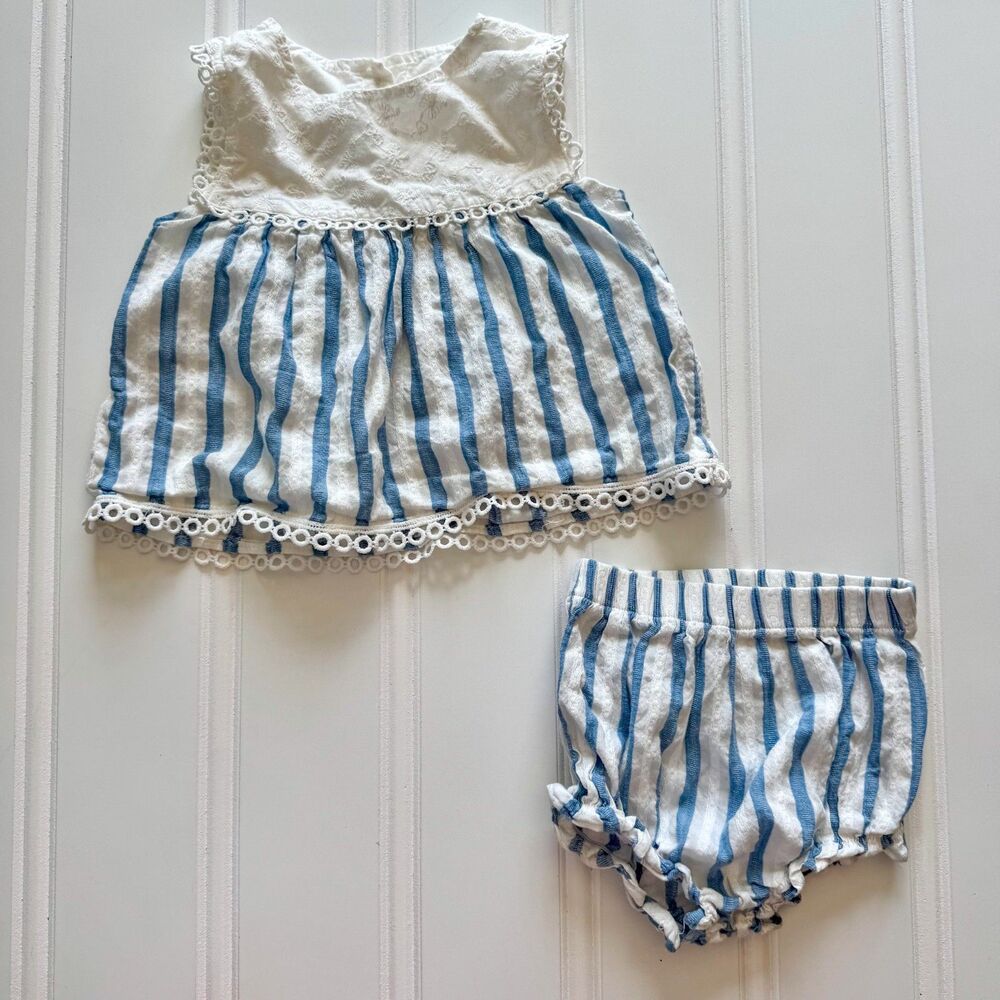 Blue Striped Baby Toddler Cotton Summer Tank Top and Bloomer Set | 12-18 Months